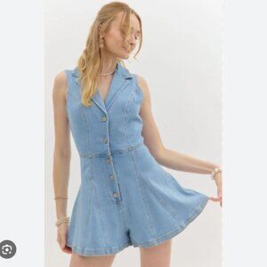 Entro Let's Rodeo Romper Denim Retro Flared Shorts Western Boho Wood Buttons L